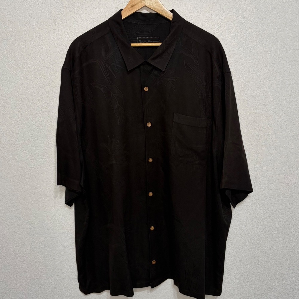 Tommy Bahama Mens 2XT Black Silk Aloha Hawaii Embroidered Camp Shirt Jacquard
